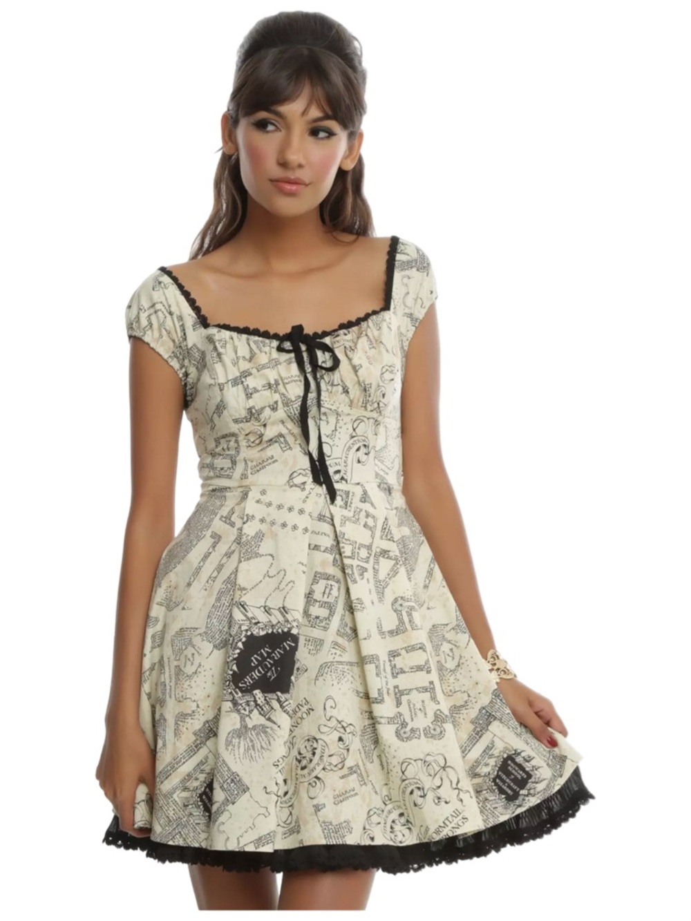 Harry Potter Marauder’s Map Cream Black Mini Dress Small EUC Cosplay Whimsygoth